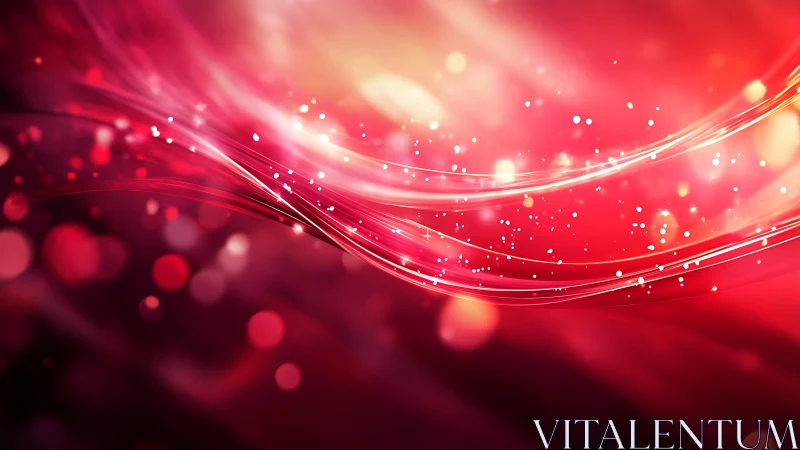 Vibrant red abstract waves with glowing bokeh and light streaks.