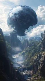 Colossal floating planet hovers above misty waterfall canyon
