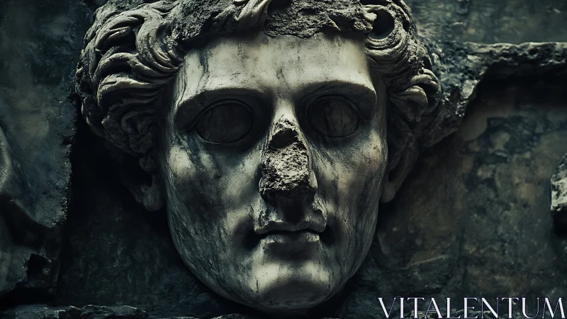 Weathered stone relief of a classical male face sculpture.
