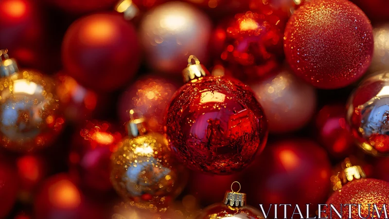 Red and gold Christmas baubles in close festive cluster.