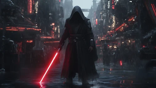 Hooded warrior with red energy blade in rainy city street.