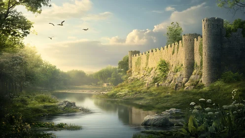 Golden evening light gently embraces a quiet riverside castle