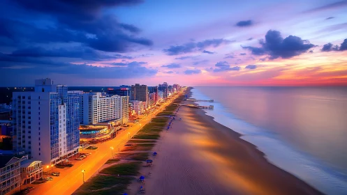Colorful coastal city skyline at sunset along the beach.