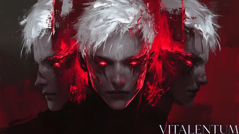 Triadic spectral portrait with fragmented red spectral overlays.