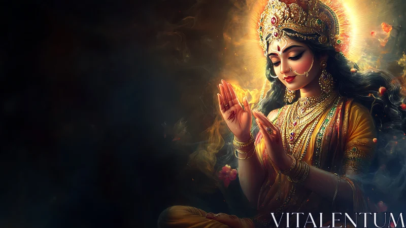 Radiant goddess in golden aura offers serene blessing gesture.