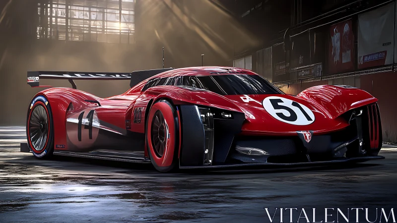 Red endurance prototype race car waits in dramatic hangar light