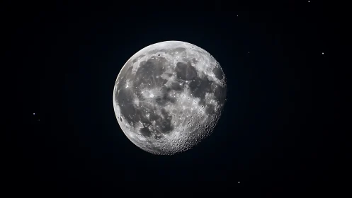 Photorealistic lunar portrait with high-contrast crater relief.
