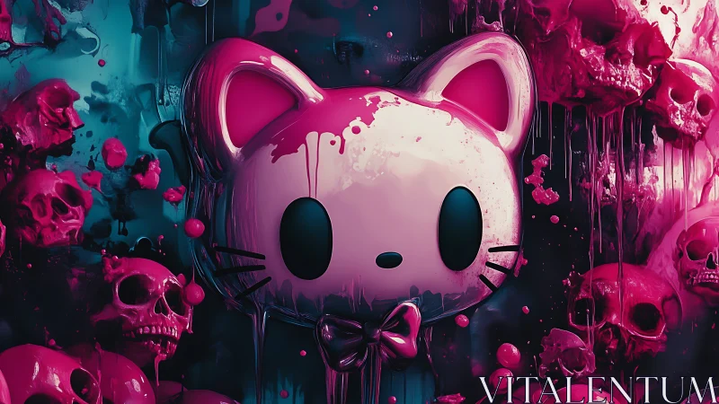 Pink cartoon cat mask amid melting skulls in neon setting.