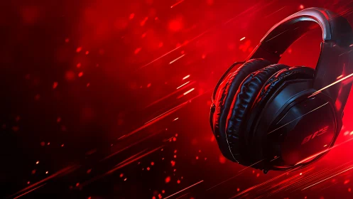 Gaming headphones glow amid dynamic red light streaks.