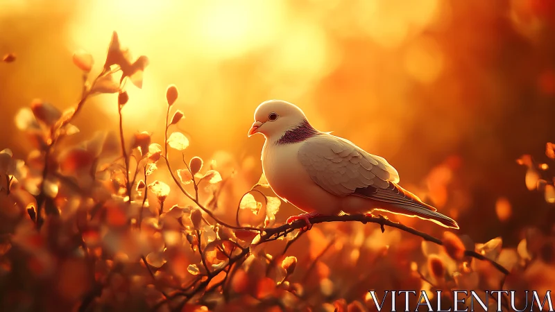 White Dove on Branch Surrounded by Golden Autumn Light, Soft Focus.