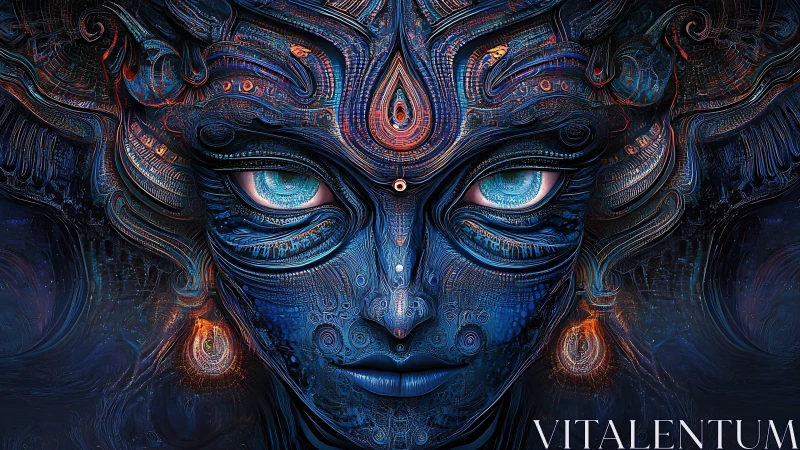 Cybernetic cosmic deity stares forward with luminous glyph eyes