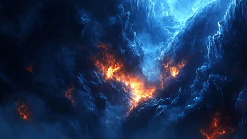 Subterranean Chasm with Luminescent Core and Volcanic Activity