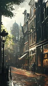 Sunlit European side street glowing with cozy evening charm.