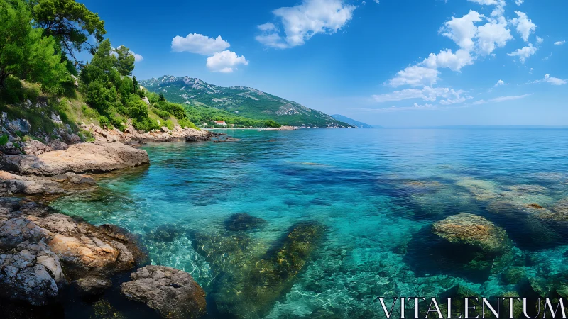 Turquoise rocky coastline under clear summer sky panorama.