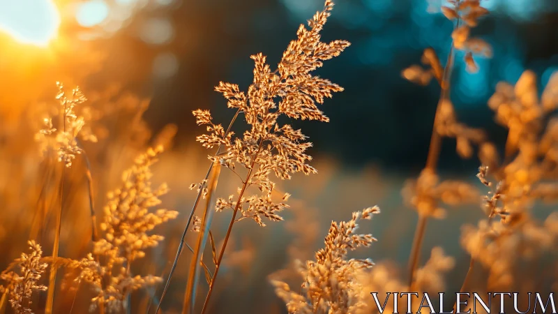 Backlit wild grasses in golden hour bokeh, shallow depth of field