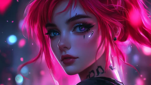 Neon-lit cyber portrait of magenta-haired rebel heroine.
