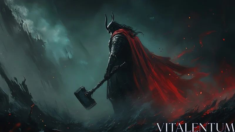 Armored warrior with hammer in red cloak on ruined field.