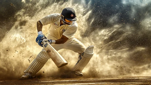 Cricket batsman carves a roaring dust storm of impact.
