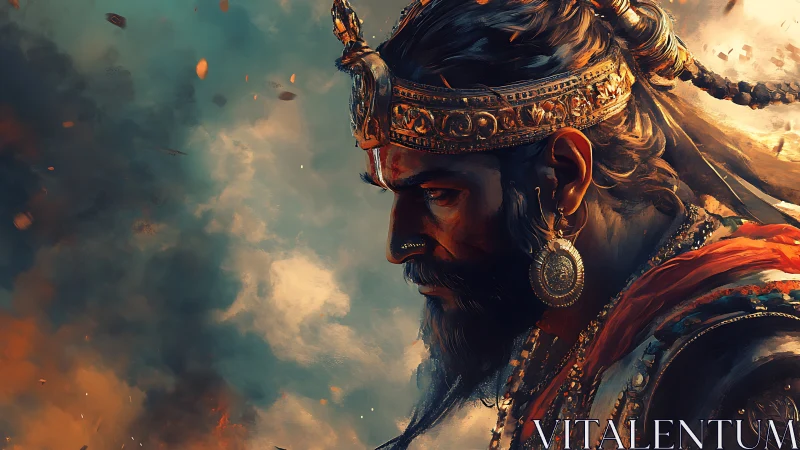 Armored warrior profile rendered in dramatic warm-toned digital paint