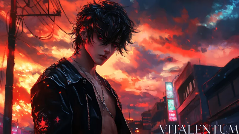 Brooding street rebel stands under blazing neon sunset sky