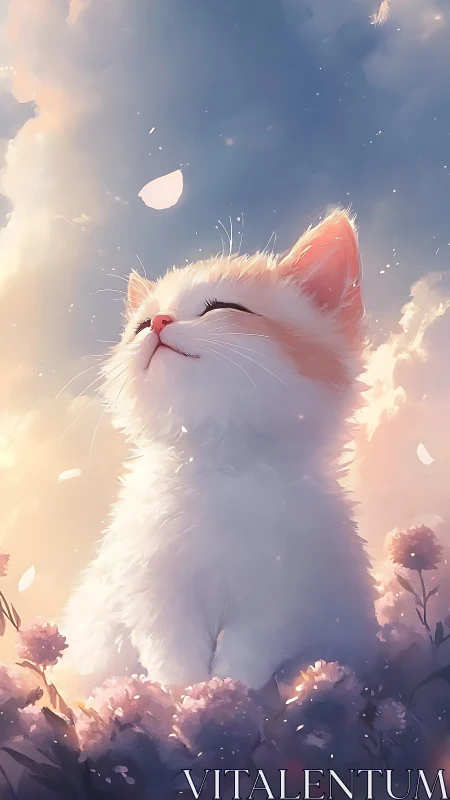 Serene White Cat Gazing Skyward Among Blooming Flowers.