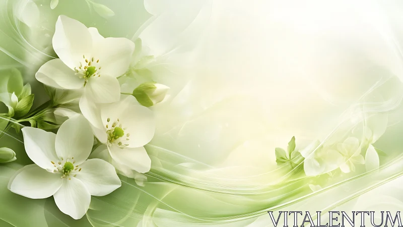 Ethereal White Blossoms Against Flowing Green Waves.