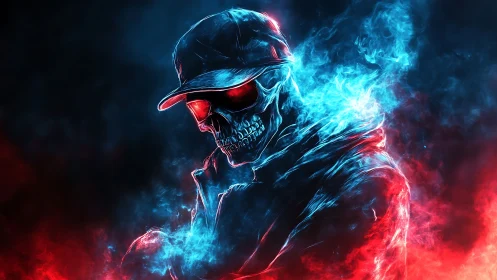 Neon flame skull in hooded jacket with blue red smoke.