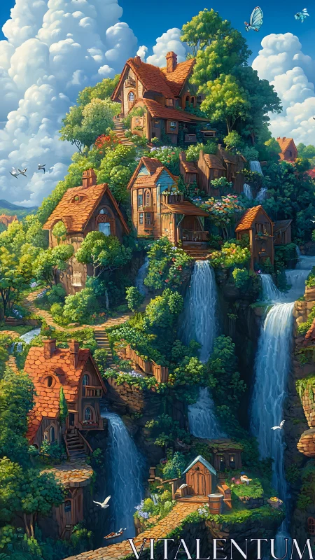 Cascade village climbs the cliffs in sunlit storybook splendor.