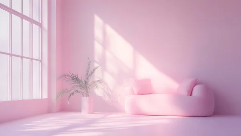 Monochrome pink minimal interior with volumetric daylight rendering.