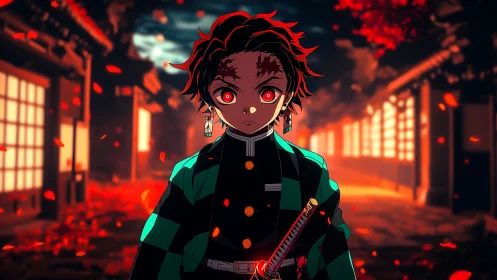 Determined anime swordsman stands in a fiery night street