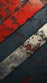 Diagonal distressed metal strips in red, charcoal, steel tones.
