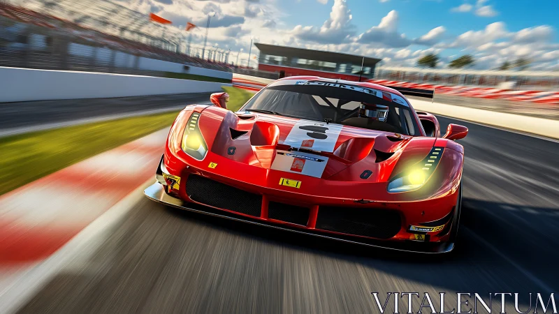 Red GT race car powers through a sunlit track curve at speed