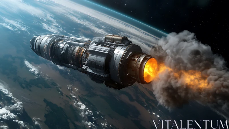 Futuristic spacecraft engine firing in low Earth orbit scene