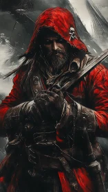 Storm-worn rogue in a crimson hood stands in quiet resolve.