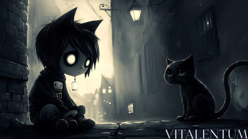 Cat-eared figure and cat sit in dimly lit foggy alleyway