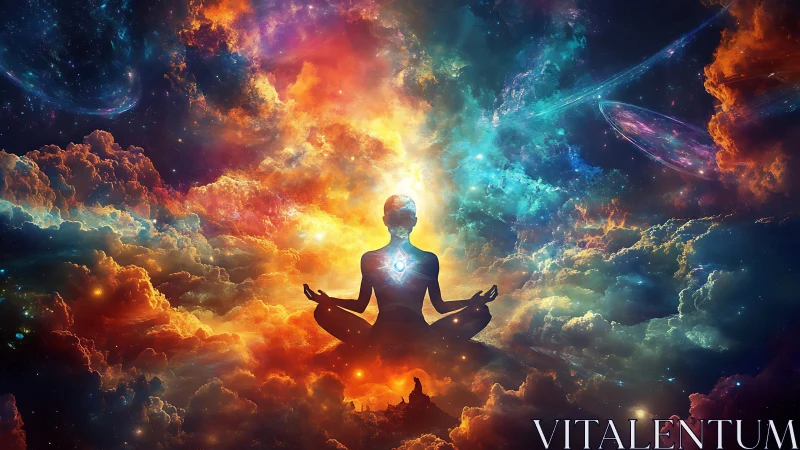 Meditating silhouette aligns with radiant cosmic nebula portal
