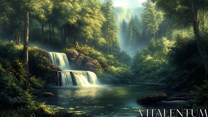 Forest waterfall cascades through dense woodland with layered water features