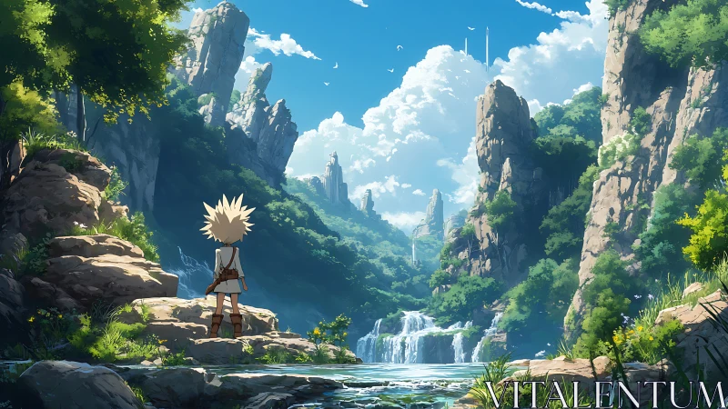 Young adventurer gazes over lush canyon waterfalls in awe.