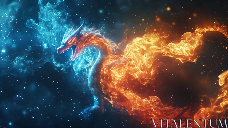 Fiery and icy cosmic dragon formed from swirling flames.