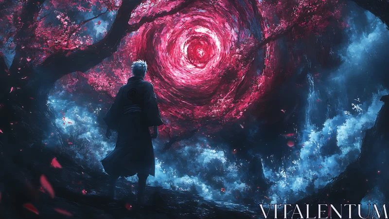 Wanderer beneath a glowing crimson forest vortex portal.