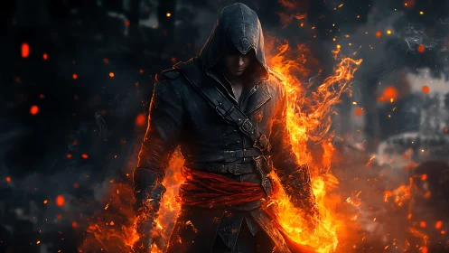 Hooded fireborne rogue emerging from swirling embers.