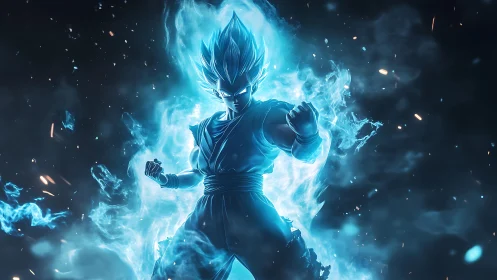 Blue energy warrior stands engulfed in blazing power aura