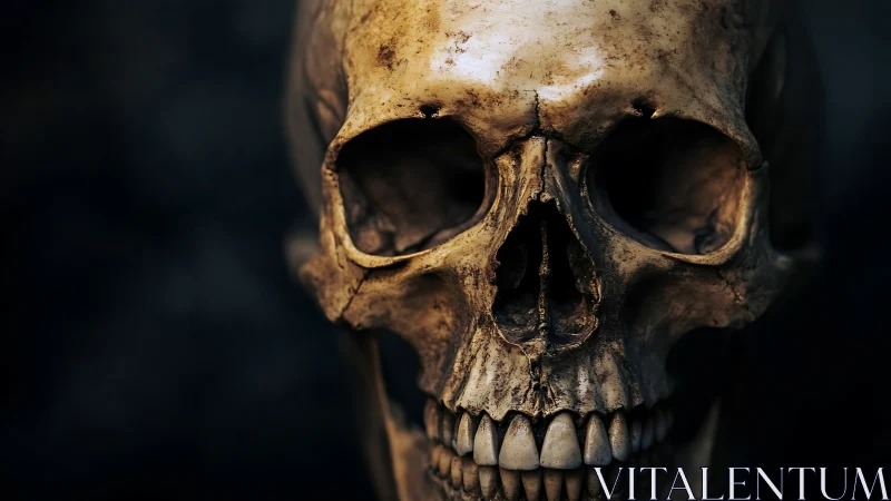 Detailed human skull close-up against dark neutral background.