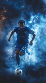 Electric blue footballer sprints through cinematic smoke and sparks