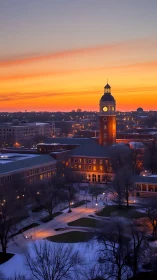 Academic clock tower at dusk above winter campus quadrangle