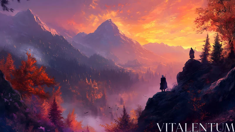 Sunset light defines layered mountains and distant figures