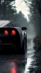 Sports car rear on wet forest road in low light conditions.