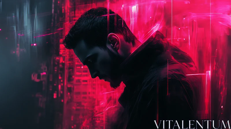 Side profile male figure in neon red cyber backdrop.