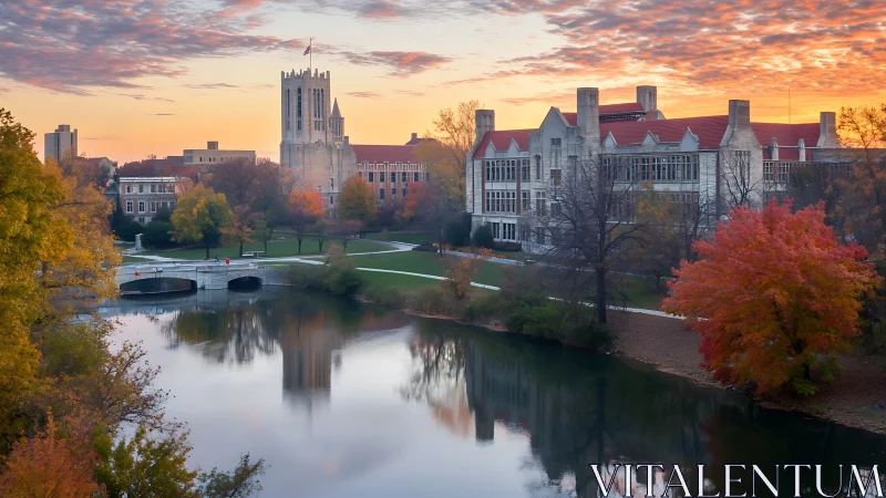 Photorealistic collegiate campus lake at autumn sunrise panorama.