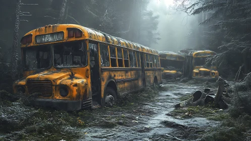 Abandoned school buses decay silently in misty forest